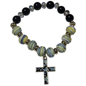 Handmade Cross Pendant Beaded Bracelet Black Yellow Marbled Beads Christian